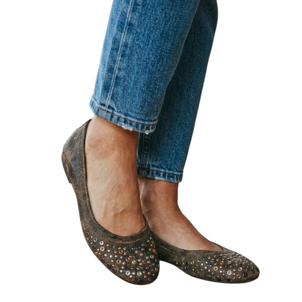 Frye Carson Studded Ballet Flats Brown Distressed Leather Size 8.5M